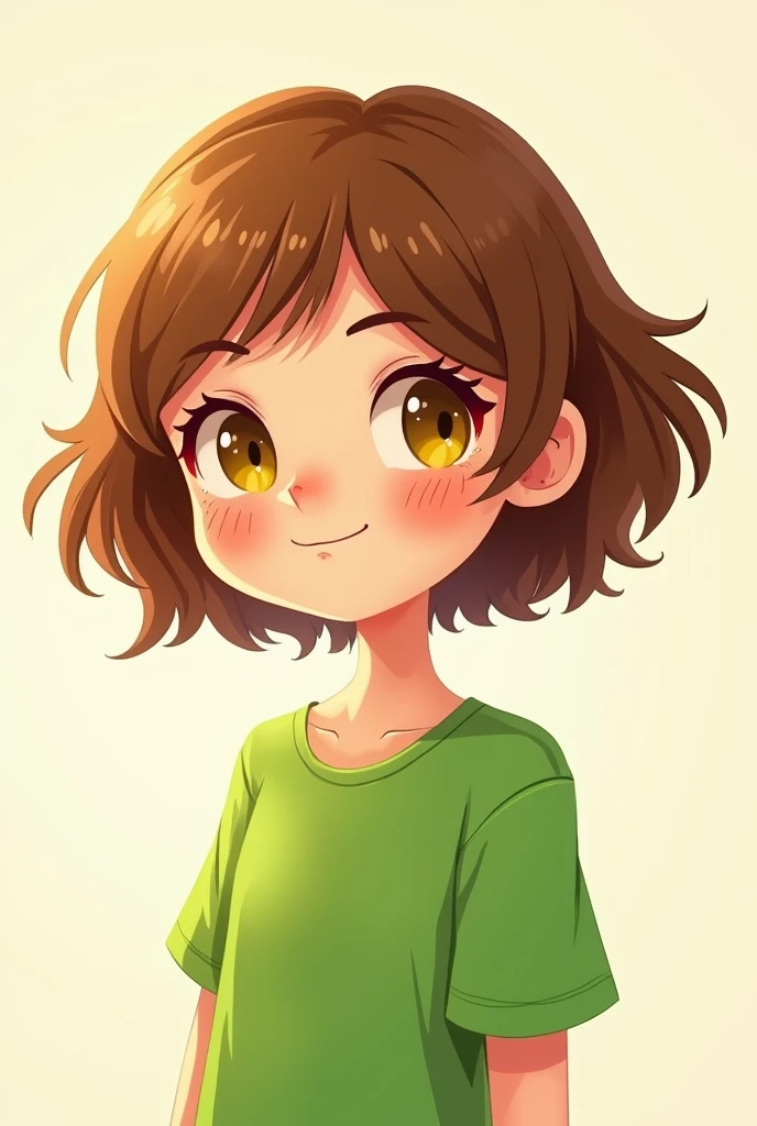 a girl, short hair , brown hair, yellow eyes, wearing a green shirt, cartoon