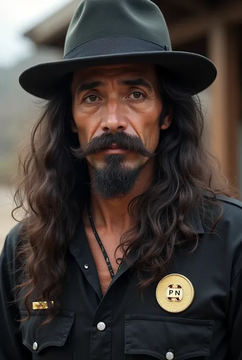  A man long hair with a hat with a brewok jambang, by wearing the PN code PIN on the right chest