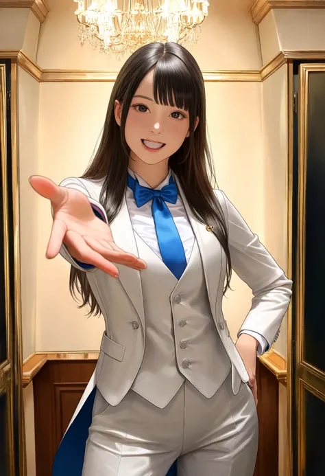 score_9, score_8_up, score_7_up, score_6_up, score_5_up, score_4_up1girl, solo, woman,, suit tuxedo , , long hair, realistic ,bangs, sidelocks, indoors, standing,happy,smile,looking at viewer, cowboy shot, blue tie woman in formal attractive suit tuxedo ta...