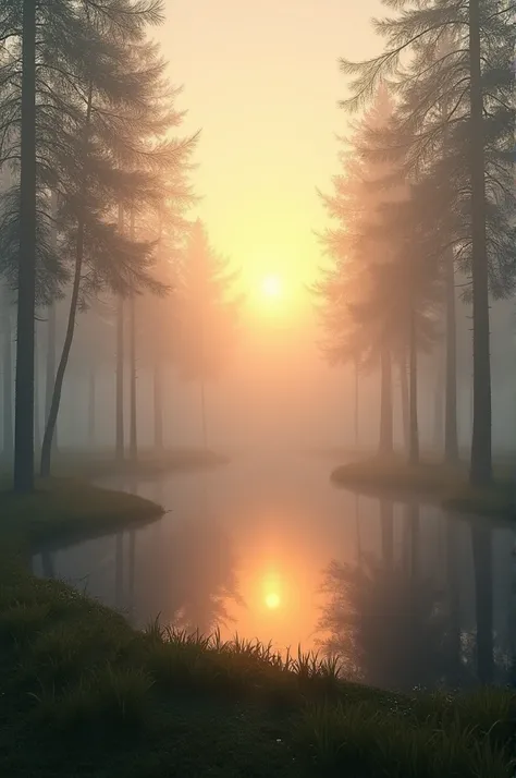 "Capture a serene sunrise on a foggy day, with the suns warm golden rays gently piercing through a thick layer of mist. The scene is surrounded by a quiet forest with tall trees fading into the fog, a still lake reflecting the diffused sunlight, and a hint...