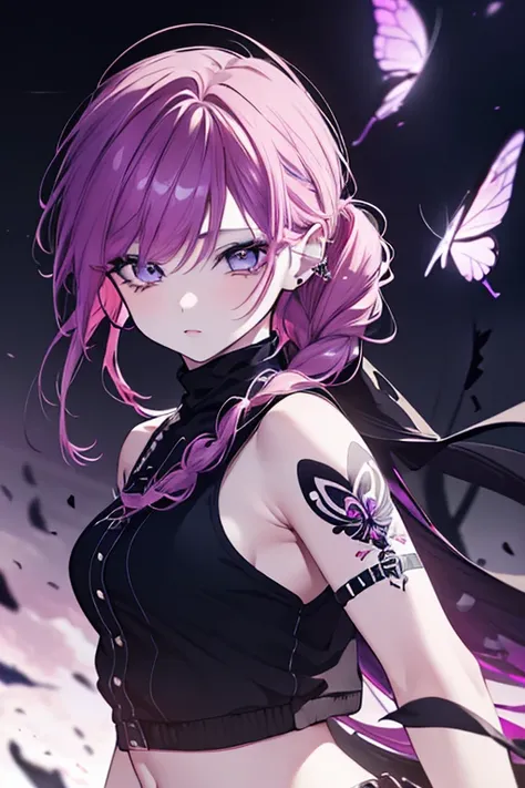 1girl, beautiful detailed eyes, beautiful detailed lips, extremely detailed eyes and face, long eyelashes, pink and purple hair, twin buns hair, long braided hair, piercings, black camisole, badass girl, badass outfit, midriff, butterfly tattoo, battle sce...