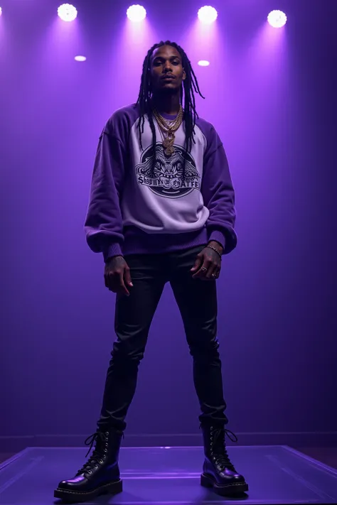 A close shot of a very tall, very slender, and very fit 67" african american male with black cornrow braids and rapper inspired tattoos are covering his body. standing on top of a glass performers stage with purple lighting shrouded in darkness, hip hop po...