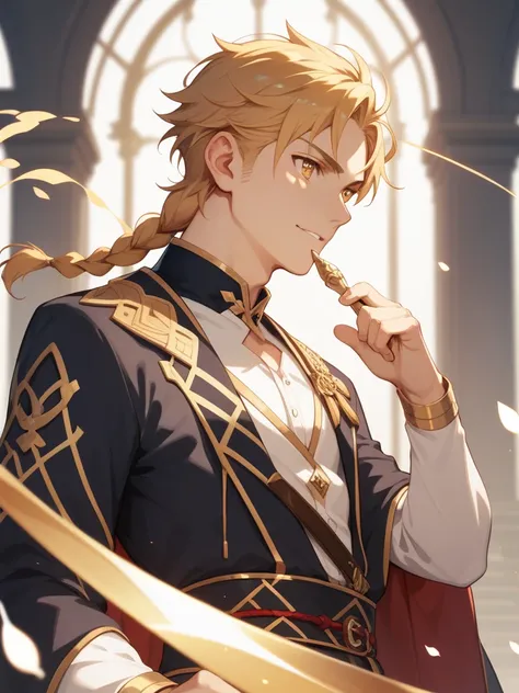 A 20-YEAR-OLD BOY WITH BLOND, BRAIDED HAIR, with golden eyes, USING A LARGE GOLDEN SWORD IN THE HANDS 