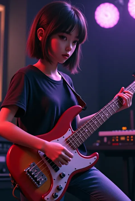 A young real  girl playing a five strings bass guitar