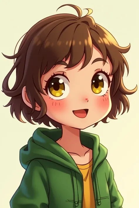 a girl, short hair , brown hair, yellow eyes, wearing a green jacket, cartoon