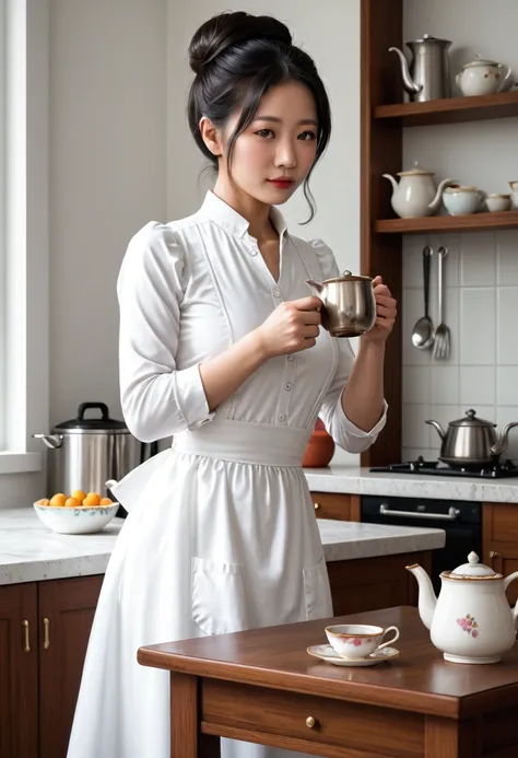 an asian woman wearing a maid dress holding tea pot in her hands. her hair is in a neat and big bun. pouring tea from a tea pot into a cup on a table. bending over while standing up to pour. standing in the kitchen. modern office white background.