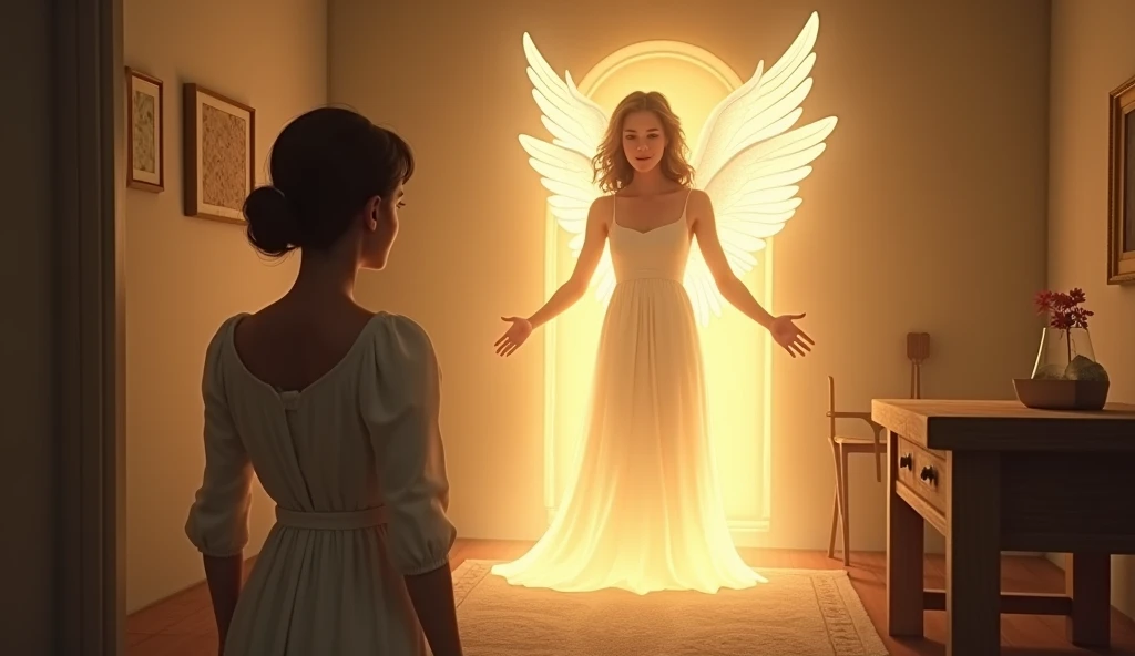 Maria in a small simple room , surprised and while a radiant male angel appears in front of her.
