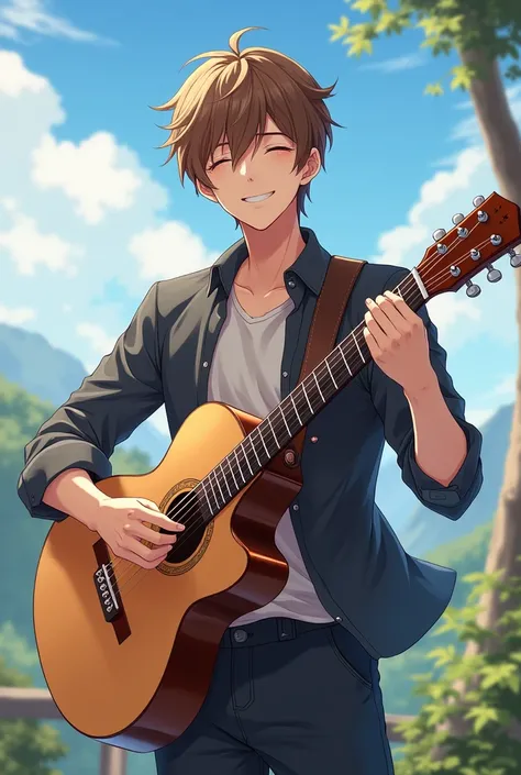 bright handsome anime guy, playing acoustic guitar with closed eyes, beautiful scenery background, ash brown hair, charming clothes fashion, hot and good looking, 