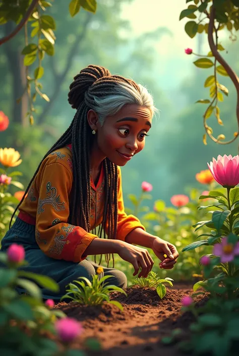 Picture of a braided black-skinned grandmother planting in the animated garden