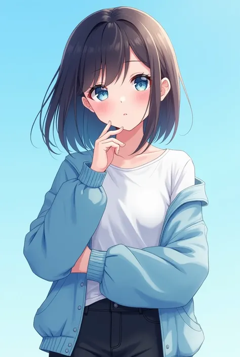  you can make an 18-year-old girl ,  white skin ,  dark brown hair and waist-length,  sky blue eyes, white flannel, light blue jacket,  black pants ,The light blue background,  anime style  