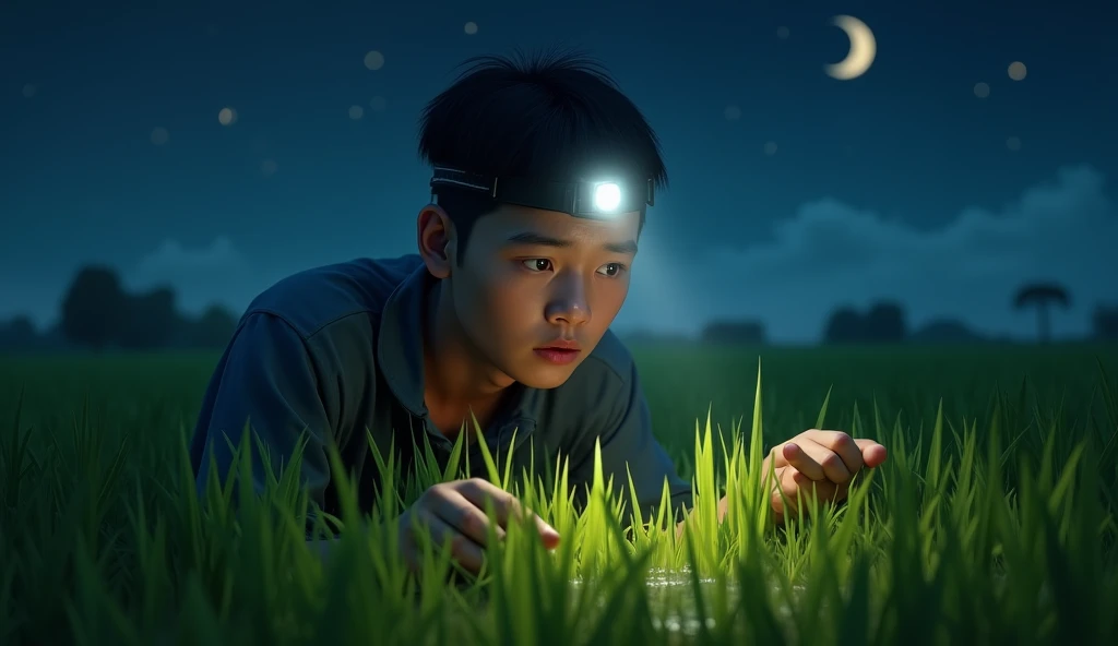 (photorealism:1.2), a Thai young man, wear flashlight on head, hunting frog at night, in the middle of rice field 