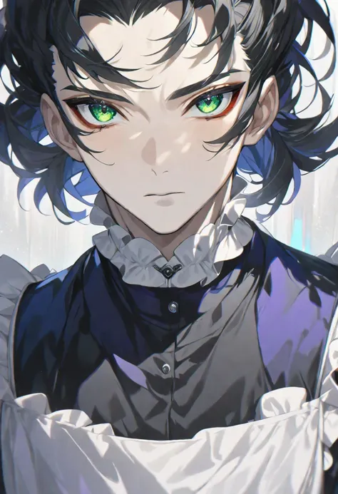 1 Boy， unique , Elegant,  Perfect Face ， Black Hair，Face focus  ， Best Quality  ，  facial details  ，Anime quality,  male focus,   Green Eyes  ,   looking at the audience  , Medium-length hair,  Full body shot of a beautiful maid in a maid costume ， beautif...