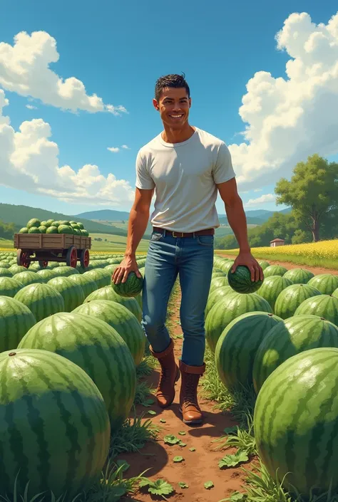 A realistic depiction of Cristiano Ronaldo working in a watermelon field. He is wearing casual farm clothes: a plain white t-shirt, jeans, and boots. Ronaldo is bent slightly forward, picking a ripe watermelon from the ground with a smile. The field is lus...