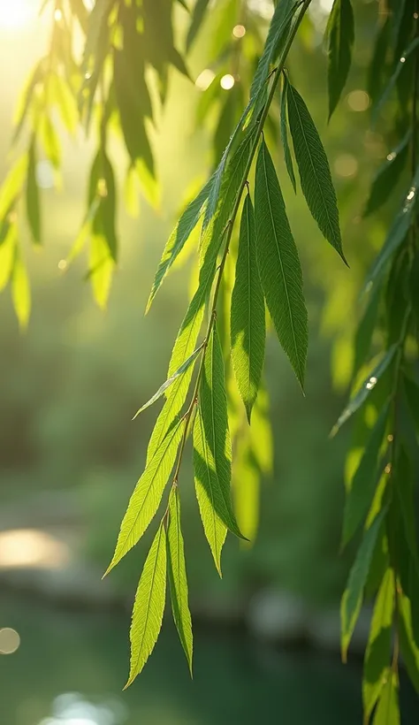 A realistic image of green willow tree leaves, gently lit by sunlight, emphasizing their natural texture and shape.

