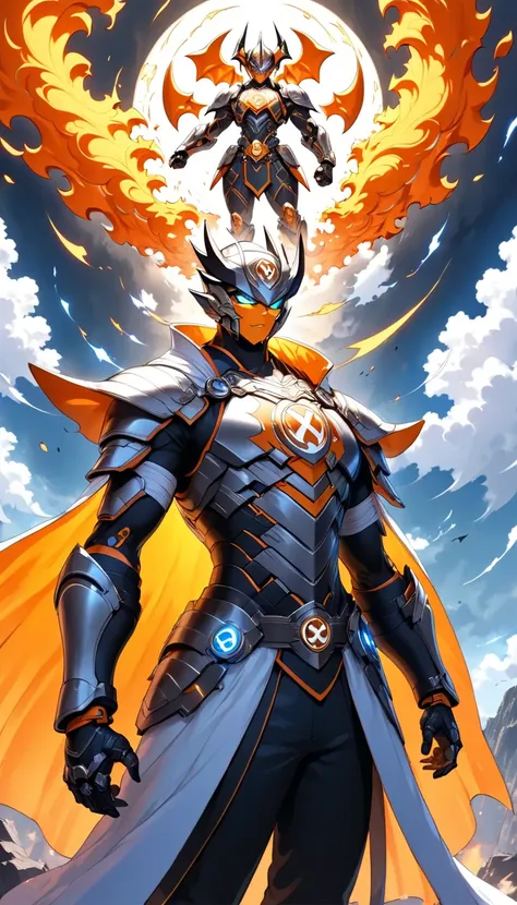 ( super detailed )"A warrior "  the character has large breasts " humanoid with shiny metallic armor,  stands on a cliff in a chaotic and dark world .  The sky is filled with turbulent clouds and rays ,  while the embossed Cancer symbol shines brightly on ...