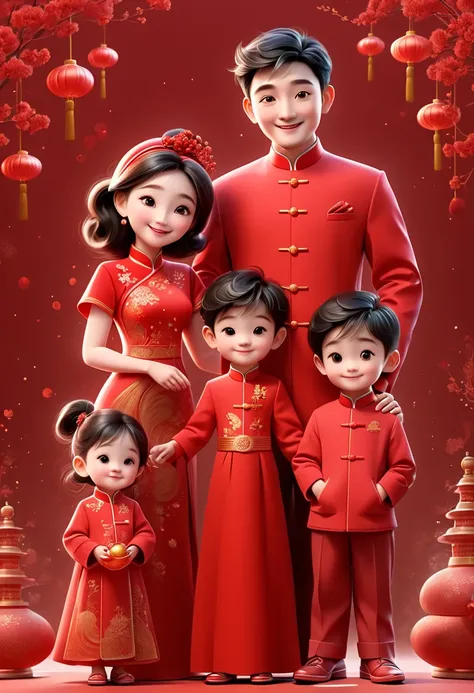 3d，A family of three，dad，Mother，boy，red new year dress，May you be happy and prosperous， cartoon style 