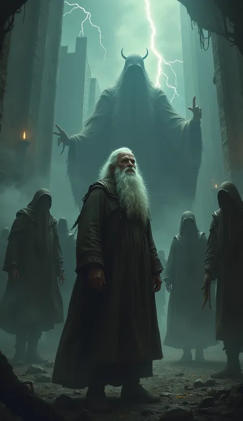 A chaotic, dark world with people acting wickedly. In the center, Noah, an elderly man with a kind face and long beard, stands out, looking up as if receiving divine guidance.