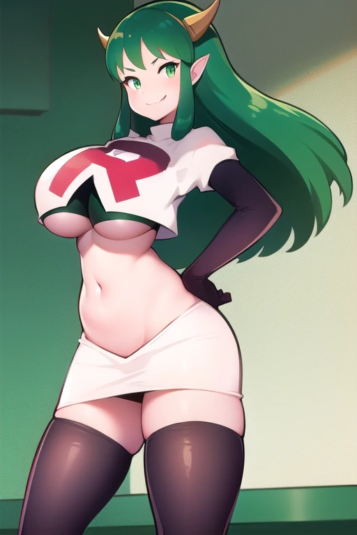 lum, oni, smile, horns, curvy, big breast,, smile, green hair, team rocket,team rocket uniform,white skirt,red letter R,crop top,black thigh-highs,black elbow gloves,sharpteeth,