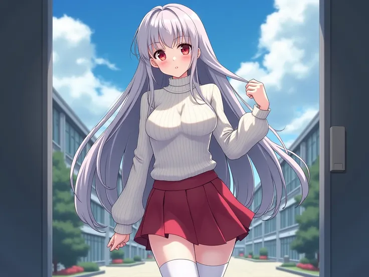 Anime girl sexy body white silver hair very red eyes with white sweater and a red skirt white tights black sneakers long hair big breasts very beautiful at school 