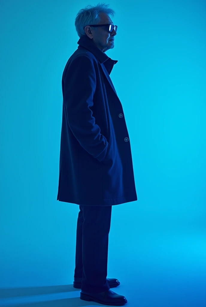 The best cell phone wallpaper, Award-Winning Wallpaper, portrait photoace age fashion, Side view photo, Shot with Canon EOS R5, Set a strong contrast that accentuates the subject, Fluorescent blue tone, Wearing a very modern coat and sunglasses is a modern...