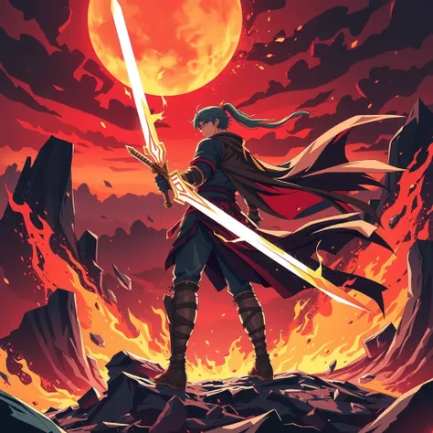 (best Quality), (CG Music Packaging), (No Text),no human, capturing an intense and heroic battle scene under a blood-red sky, where the horizon burns with fiery light. A lone warrior stands tall amidst the chaos, their glowing sword blazing with radiant en...