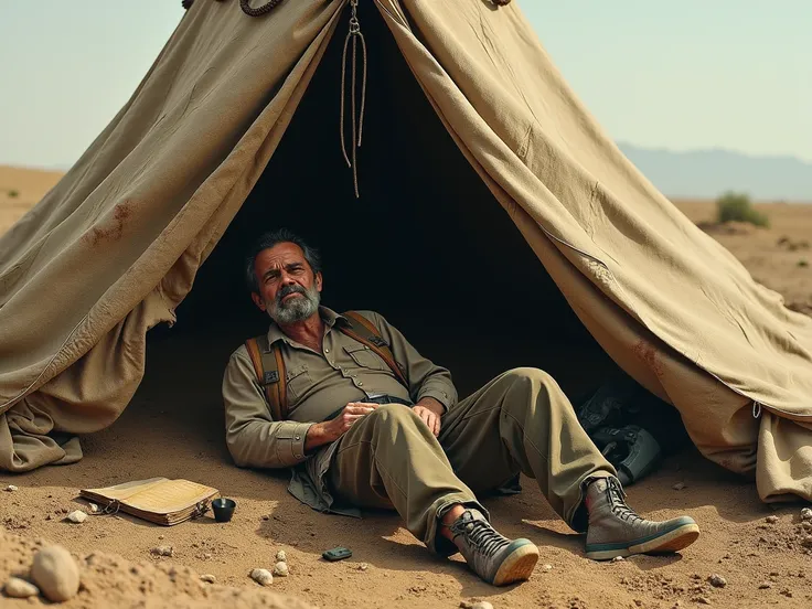 a man lounging in a dug out grave. he has set up a flimsy tent roof cover over him to protect from rain