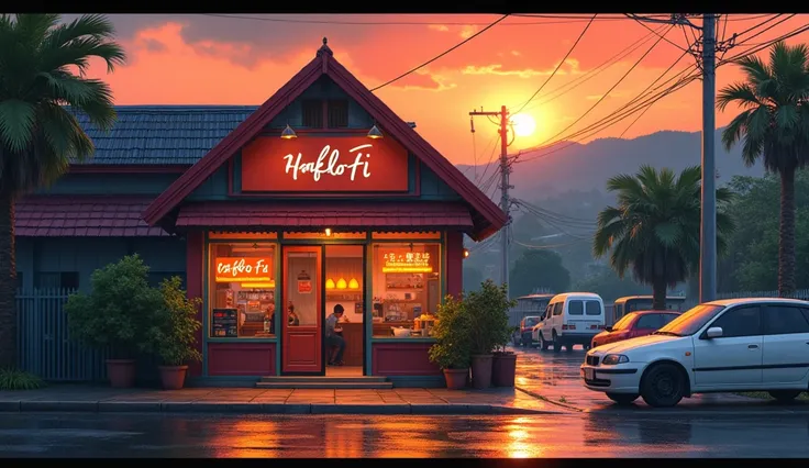 in Cafe Lo-Fi Vibes in Indonesia city street with "Cafe Lo-Fi" name board, car parking in front it
 ,with grenaey hill background, orange evening sky rainy water on road anime in Indonesia.
