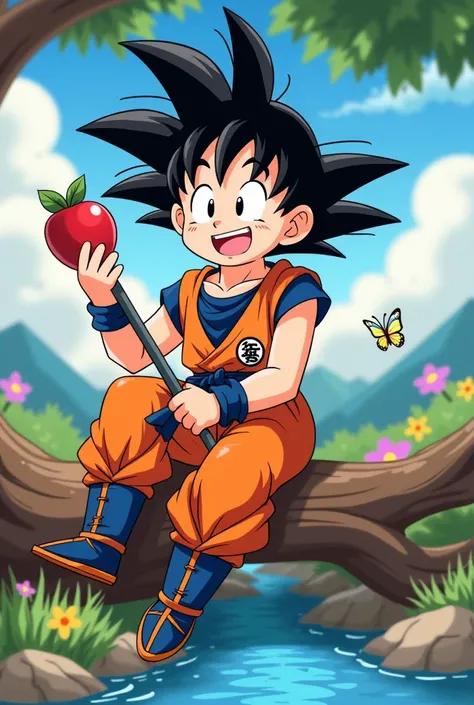 cena:  Goku  smiling while sitting on a tree trunk next to a stream .
details:  He is holding the Power Pole  (Nyoibo )  with one hand and a bitten apple in the other .  The background may have distant mountains and fluffy clouds in the sky ,  with some co...