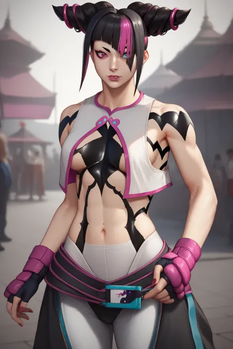 ((juri han)), ((masterpiece)), ((photorealism)), {(athletic figure), (toned body), (eccentuated curves), (black hair), (two toned hair), (hair horns), (pink and turquoise eyes), (pink right eye), (heterochromia)}, {(body paint), (white vest), (navel), (bla...