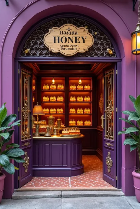 purple honey shop with the inscription natural honey acasia Carpa Darussalam
