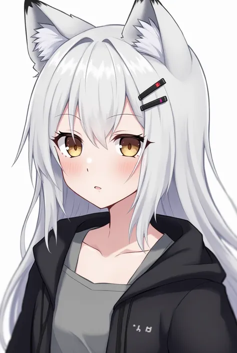 anime girl, lappland, arknights, white hair Wears her fruit colored black hairpin on the left part of her hair, having a wolf ears with a slightly black at the tip, Has a vertical scar on his left eye, full body, use a black jacket with a grey tank top