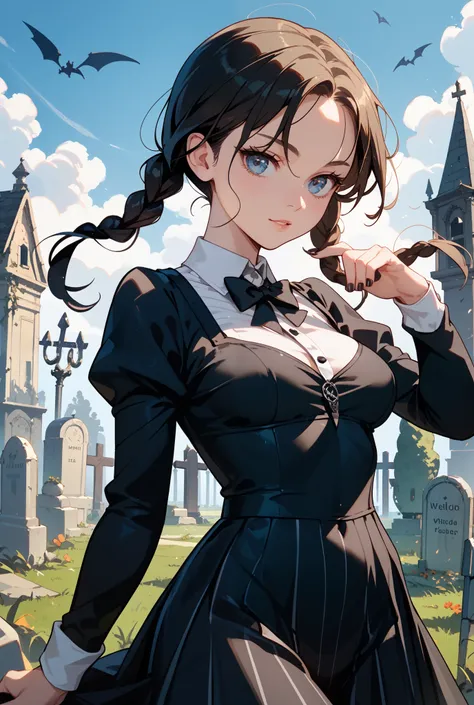 Wednesday Addams, pigtails, 18 years old, medium breasts, sexy, graveyard background, high detail, masterpiece.