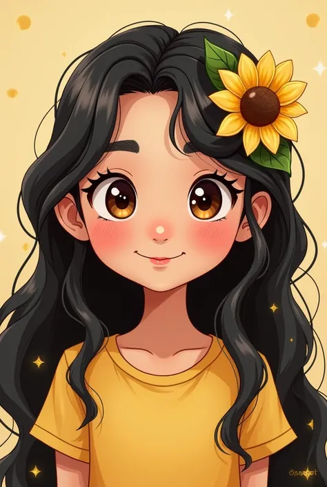 Cartoon of a girl with long black hair ,crespo,   dark brown eyes from the waist up with some sunflower ornament
