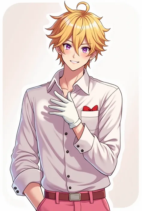  create an Italian male blonde student who wears white and pink cartoon-style clothes he must not be so handsome and must wear a glove on just one hand. Do as a Picrew . not too long and messy hair, no headgear accessories