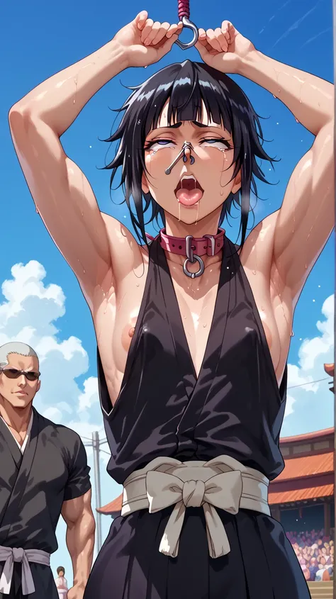 a picture, inspired by Kentaro Miura, trending on pixiv, soifon from bleach, black uniform, favorite scene, fine details, skins, sweating, small breasts, both hands raised, armpits, (small head),armpits visible, dripping with sweat, more more sweat, ((Japa...