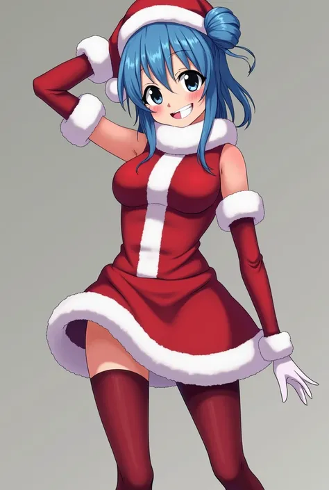 * Mita looks like this , Blue hair tied in a bun but two locks were specially loose,black eyes ,  pale skin vomited, female Santa Claus costume with a red mini skirt that looked sexy ,  red stockings with red boots like Santa Claus only in female form , wh...