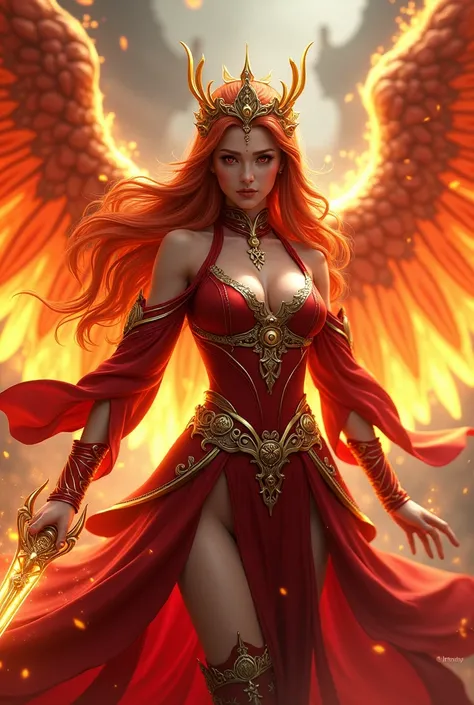 Fire red eyes red gold hair big fire wings fire sword red costume with gold details elegant Japanese style golden crown womens 