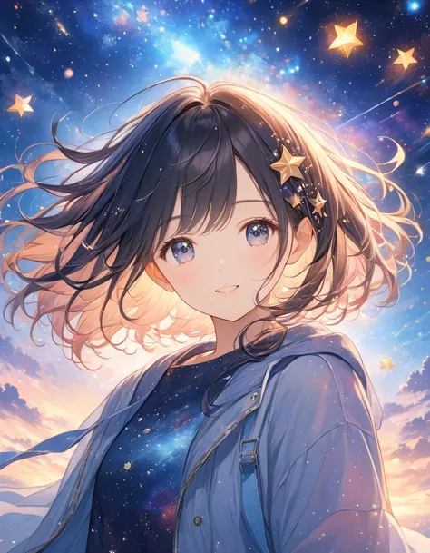  high detail,  super detailed ,  super high res, A girl having a good time in a dream galaxy, Surrounded by stars, The warm light that shines on her,  The background is a starry sky with colorful galaxies and galaxy clouds, The flying stars surrounding her...