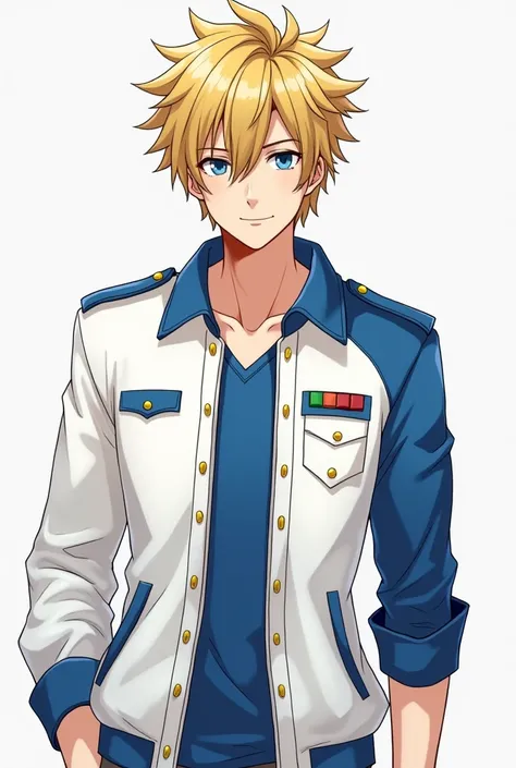 Create an Italian male blond student who wears white and blue cartoon-style clothes he shouldnt be so handsome and should wear a glove on just one hand. Do as a Picrew . not too long and messy hair, No accessories on the head