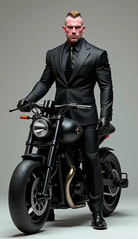 A pink-skinned manly man with short Mohanwk-style short hair dressed in a black suit, black shirt, black tie, black gloves, black shoes, driving an Italian-type combat scooter equipped with a machine gun.  