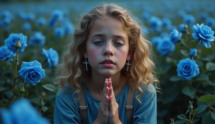 A beautiful curly blonde girl 13yo, wearing cross earrings,feeling sad while praying and wrapping around her hands in a prayer position, hands raised in worship, tears glistening on her cheeks sitting in the middle of a A vibrant blue rose,sad expression w...