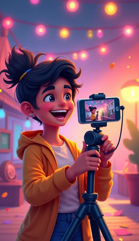 Create an artistic digital illustration showing a vibrant and lively indian cute baby recording a fun and creative short video (like a reel) in a colorful and energetic setting. The scene features a dynamic background with a mix of playful elements like co...