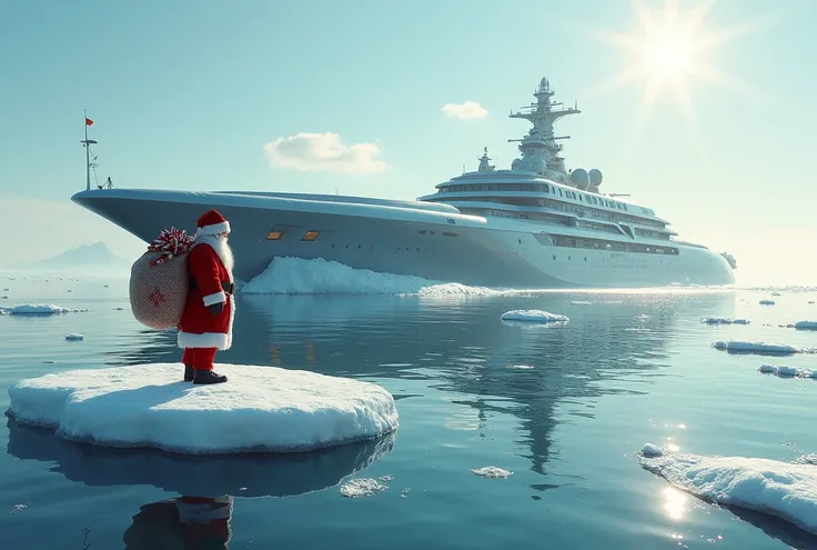 Zabiyaka Bay floating base sails on the sea , in the foreground Santa Claus on an ice floe with gifts,  realistic photo, The mood is great 