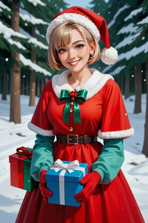 The snowy background 、 a short bob girl wearing a red Santa Claus-style dress is smiling。 has a cute white fur border and 、 has a gift bag in her hand 。