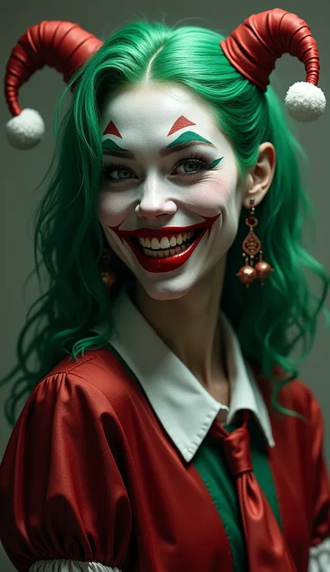  creates a feminine version of tall Joker , delgado,  with white skin ,  with ruby red lips and green hair . Her most distinctive feature , However,  is her wide and massive smile that is constantly on her face ,  giving her a kind of sinister appearance a...