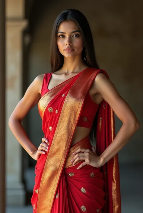 Young Indian woman with a fit and athletic build, attractive, straight brown hair and a pretty face, wearing elegant makeup and a stunning saree featuring a sleeveless blouse that highlights her toned arms and midriff, accompanied by a matching pallu and p...