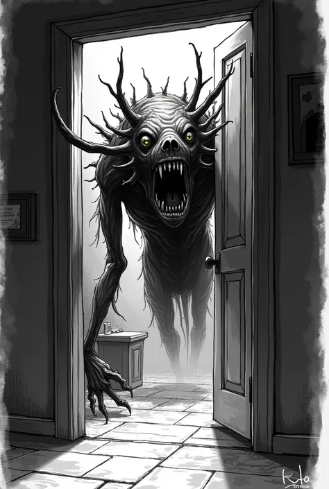 An image of a horror doodle coming in through the other side of the door