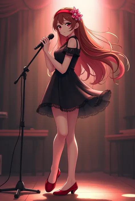 Beautiful  brown hairs black short frock red hair band red flower shoes. on stage handling a mike 