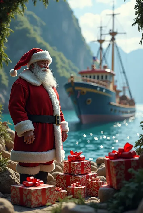  Trawler floating base Zabiyaka Bay close-up,Santa Claus in the foreground with gifts , realism,Cinematic effect