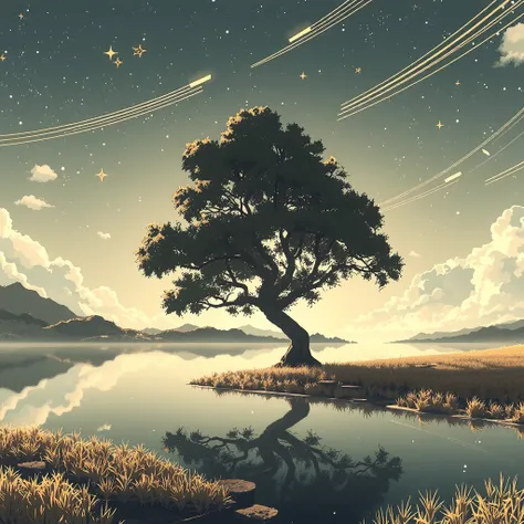 (best Quality), (CG Music Packaging), (No Text),no human, Show a peaceful and timeless scene with a soft glowing tree at the edge of a serene lake under a star-filled sky. Use subtle colors and a dreamlike atmosphere inspired by anime and fantasy art style...